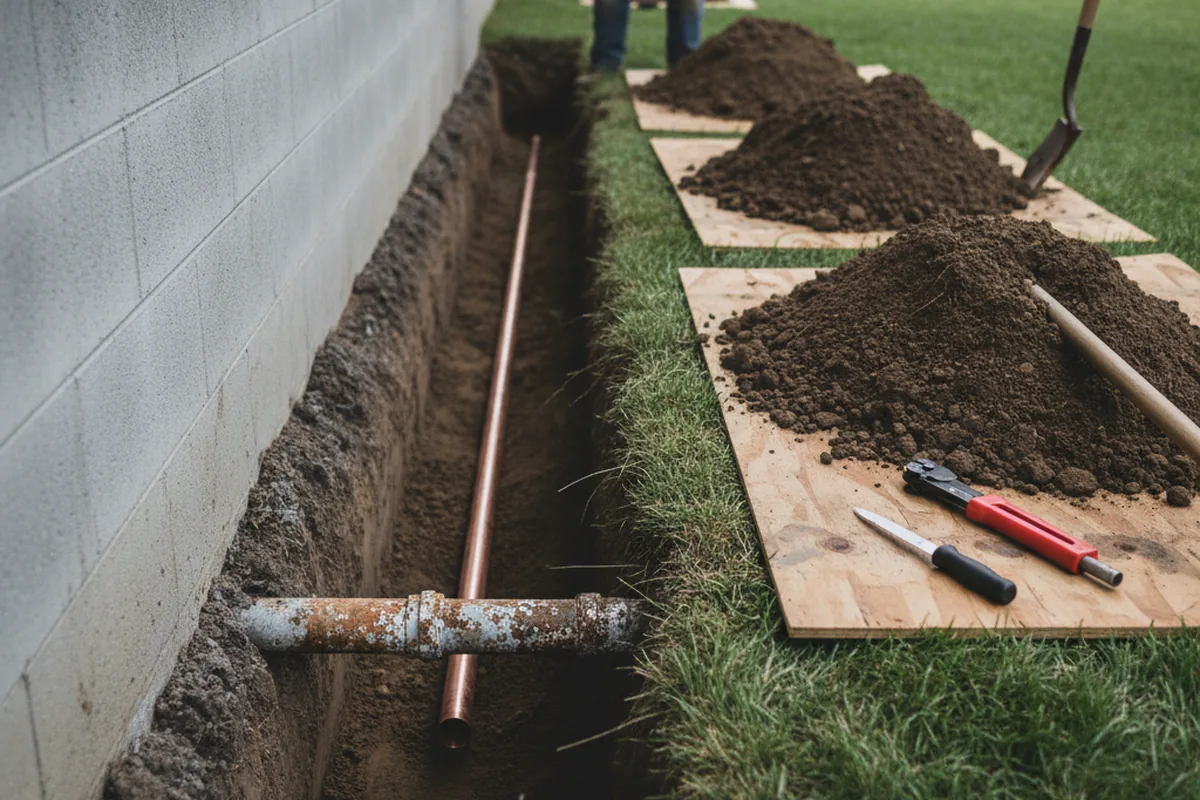 Excavated water line trench during Sewer Line Repair in Camak